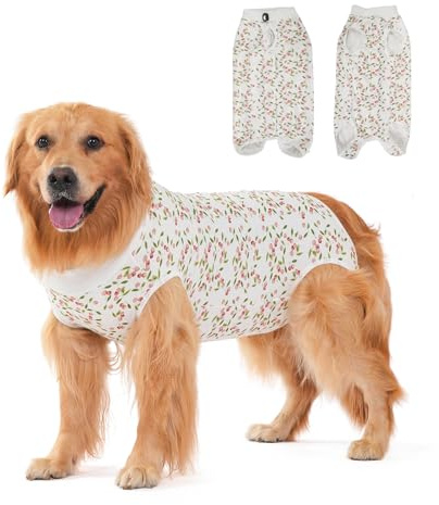 DoggieKit Hundebody Nach Op, Hundebody Nach Kastration Rüde Hündin, Atmungsaktiv Einteiler Wundschutzanzüge für Hunde Nach Op,Hunde Body Operation hündin, Leckschutz Hund (Weiß-Kirsche, 3XL)