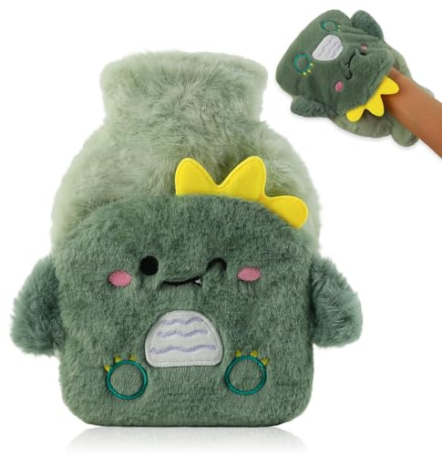 Lvjkes Borsa acqua calda, 500ML Borsa dellacqua calda con Coperchio, Carino animali Hot water bag, Smontabile per la pulizia, Prova di esplosione e di perdite, Adatta a bambini e adulti (Dinosauro)