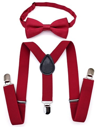 JZK Set di papillon e bretelle per bambini rosso scuro per ragazzi sotto i 135 cm, bretelle regolabili a forma di Y con papillon per bambini, matrimoni, feste, costumi