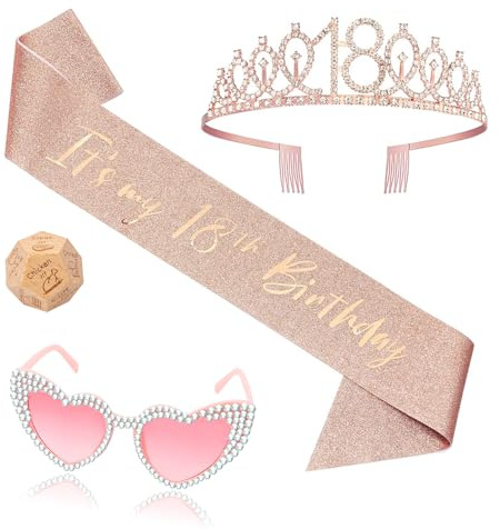 OLOSONG 4 Pcs 18th Birthday Party Accessories Set,18th birthday gifts for girl, 18th Rose Gold Crown and Heart shaped pink diamond glasses,Wooden dice