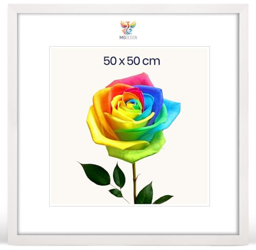 MG Design Bilderrahmen 50 x 50 cm – Posterrahmen mit Weiß Holzrahmen (Echtholz) und bruchsicherem Acrylglas, Hoch & Quer mit stabiler Wandaufhängung