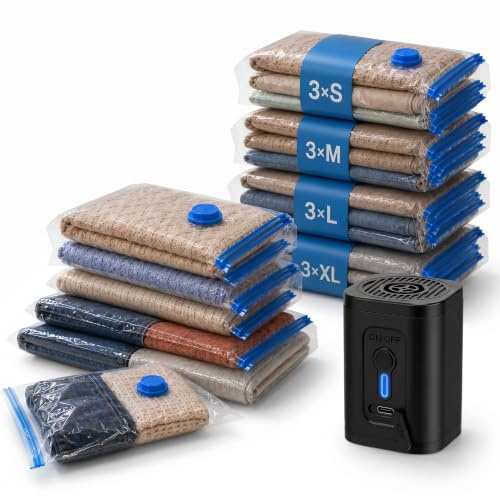 Maanpet Bolsas al Vacío para Ropa con Bomba Eléctrica USB – Pack 12 Reutilizables – Ahorra Espacio en Maletas y Armario – Ideal para Viajes, Mudanzas y Organización del Hogar
