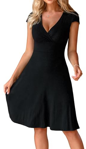 Zeagoo Vestito Estivo da Donna Nero Scollo a V Maniche Corte Abito in Jersey Lunghezza al Ginocchio Vestito Empire Elegante Nero L