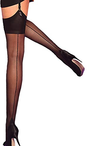 Yummy Bee - Silky Calze per Reggicalze Donna - Calze Velate con Cuciture Posteriori e Tacco Cubano - Taglia Forte 36-46 (Nero, M)