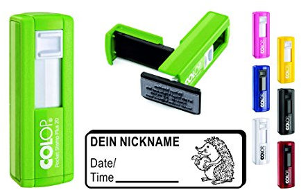 Geocachingstempel Igel mit Apfel - mit persönlichem Namen ca. 37 x 14 mm