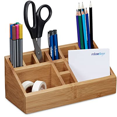 Relaxdays Schreibtischorganizer Bambus, Stifteköcher, 10 Fächer, natürliche Maserung, HxBxT: 10 x 23 x 10 cm, natur