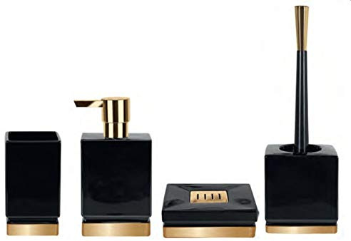Spirella Badezimmer Set, 4-teiliges Badzubehör aus Porzellan Roma Seifenspender, WC Bürste, Seifenschale, Aufbewahrungsdose und Zahnputzbecher Schwarz/Gold