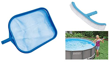 Intex 29053 Spazzola Angolare per Pareti e Fondo Piscina 406 mm, Grigio, 43.18x15.88x8.26 cm & 29050 Retina Raccogli Foglie, Blu, 41.59 x 29.53 x 2.54 cm