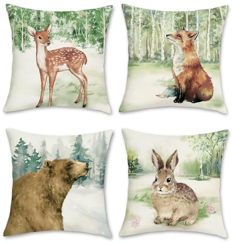 Bonhause 4er Set Kissenbezüge Waldtiere 45 x 45 cm Reh Fuchs Kaninchen Polyester Leinen Dekorative Kissenhülle Zierkissenbezüge für Sofa Schlafzimmer Wohnzimmer Garten Outdoor Zuhause Dekoration