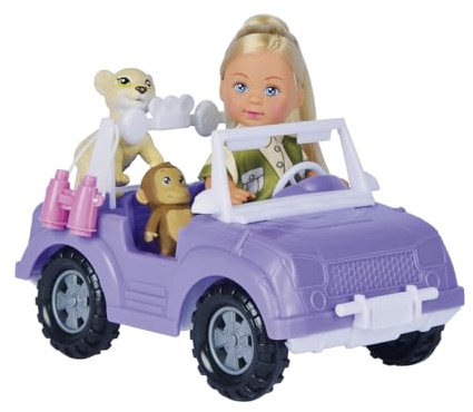 Simba Evi Love Safari, Spielpuppe im süßen Safari Outfit mit coolem Jeep, Rucksack, Baby AFFE, Löwe, Fernglas, 12cm, ab 3 Jahre