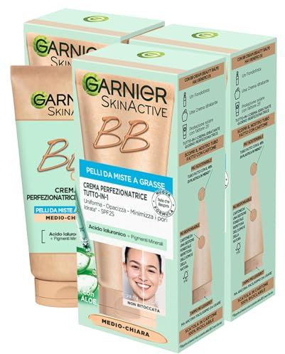 Garnier SkinActive BB Cream Crema Viso Perfezionatrice Tutto in 1 Pelli da Miste a Grasse SPF 25 Aloe Vera Acido Ialuronico Idratante Opacizzante Tonalità Medio-Chiara - 3 Flaconi da 50ml