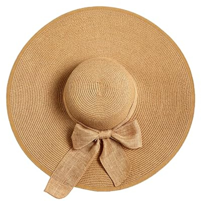 Cappello di paglia da donna con grande fiocco a tesa larga, pieghevole, arrotolabile, cappello estivo da spiaggia UPF 50+ (circonferenza della testa 56-60 cm) cachi