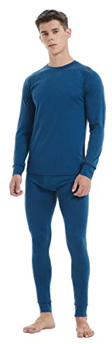 woolcano Conjunto de capa base de lana merino 100% para hombre, ropa interior térmica ligera, azul marino, XL