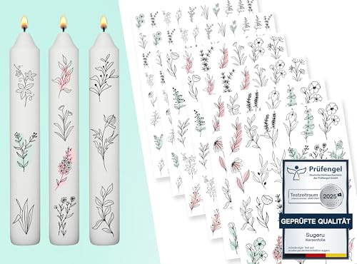 Sugeru® 6 X DIN A5 kerzenfolie(200+Muster), Kerzentattoo Wassertransferdruck | Wasserschiebefolie kerzen dekorieren| kerzenaufkleber sticker | Lieblings Person,Valentinstag (Skizze Blume)