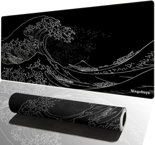 Ningchuya Large Mouse Mat, Extended Gaming Mouse Pad 700x300mm, Non-Slip Rubber Base with Stitched Edges, Computer Keyboard Pad Mat for Gaming, Office & Home (70x30 Waveblack02)