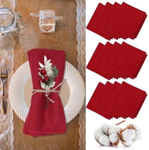 Servietten 12er Pack Rot, Baumwoll stoffservietten Burgunderrot Stoffservietten 100% Baumwolle Servietten Weinrot für Geburtstag Hochzeit Deko Bar Cafés Hote Partys Weihnachten