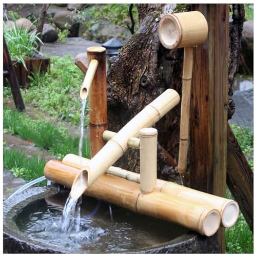 Fontana in bambù in stile giapponese con kit a pompa - Spaventacervi per esterni per giardino e prato - Design naturale e resistente alle spaccature