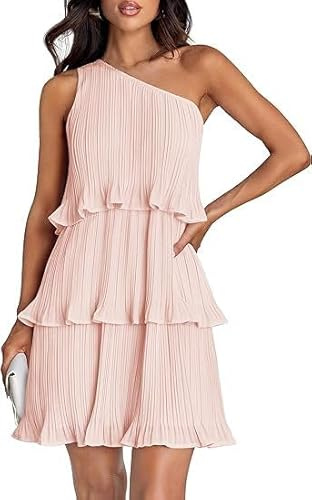 TANMESSO Vestido corto de verano 2024 para mujer, sin mangas, bohemio, con un hombro, volantes, gasa, acampanado, vestido escalonado, rosa, S