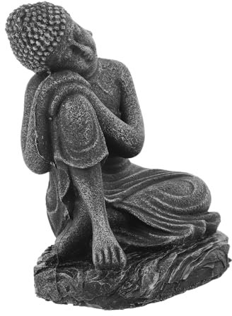 CORHAD Sitzende Buddha-Figur Aus Kunstharz Schräger Kopf Schlafende Buddha-Dekoration Kreatives Buddhismus-Ornament Für Wohnzimmer Tisch Und Regale Retro-Silbergrau