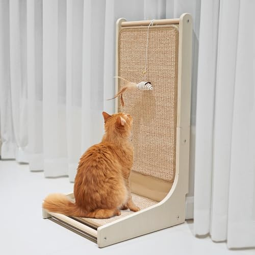 PETKARAY Griffoir pour Chat, Tapis à gratter en sisal, Planche en Forme de L pour Chats d'intérieur, griffoir fixé au Sol avec Jouet Souris et Herbe à Chat