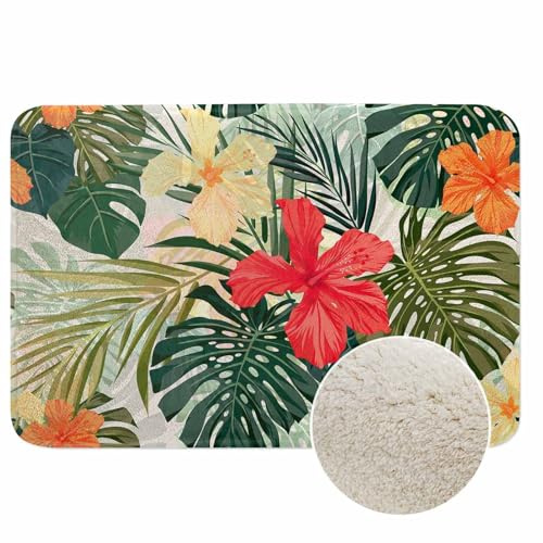 Hibiscus Flowers Bathroom Mat Rugs Summer Colorful Tropical Plants Palm Leaf Microfiber Faux Cashmere Thick Plush Bath Mat Non-Slip Water Absorbent Bath Carpet for Bathtub Bathroom Floor Tub 16X24 in