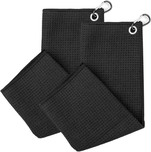 JJPJL 2 Pezzi Asciugamano da Golf in Microfibra, Ripiegabile con Moschettone, Nero, 40 x 40 cm