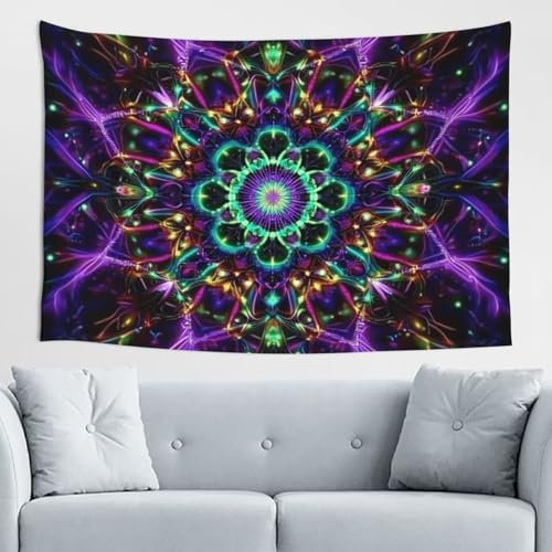 Wandteppich Mandala Grün Lila 110x150cm Wall Tapestry Art Print Stoff Wandtuch, Party Hippie Wandbehang Großes Tapisserie für Wohnzimmer Schlafzimmer Wanddeko Wandposter Auch als Picknickdecke D1804