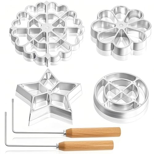 YIMITEE 6 Pack Bunuelos Molds with Handles, Rosette Timbale Iron Set with 2 Interchangeable Heads, Aluminum Alloy Waffle Molds for Kitchen Baking, Lotus Star Cooking Stamp Houseware Tool
