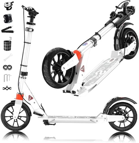 GHBXJX Cityroller Pro Tretroller Erwachsene 150 kg Tragkraft, 200mm Big Wheel Scooter mit Bremsen und Stoßdämpfern, Erwachsene und Kinder, ABEC 9 Kickboard Klappbar & Höhenverstellbar,Weiß