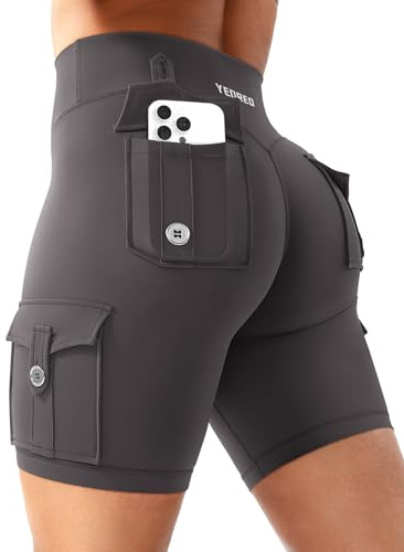 YEOREO CoreFlex - Pantaloni da ciclismo da donna con 4 tasche, invisibili, a vita alta, 8, senza cuciture, per corsa, palestra, yoga, allenamento, opachi, leggings corti, grigio scuro, L