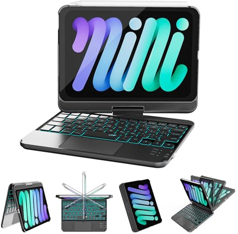 RAYMCRAFT Funda para iPad mini 7 (A17 Pro, 2024) y Mini 6 (2021) con teclado, teclado retroiluminado de 7 colores con trackpad, apagado y encendido automático, funda giratoria de 360° para iPad mini