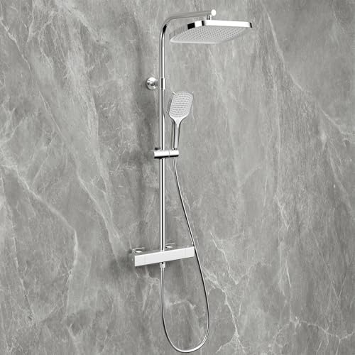 Ronvie Duschsystem mit Thermostat, 32cm Max Regendusche Duschkopf Chrom | 3 Strahlarten Handbrause, Höhenverstellbarer Duschstange 79-128cm, Duschset