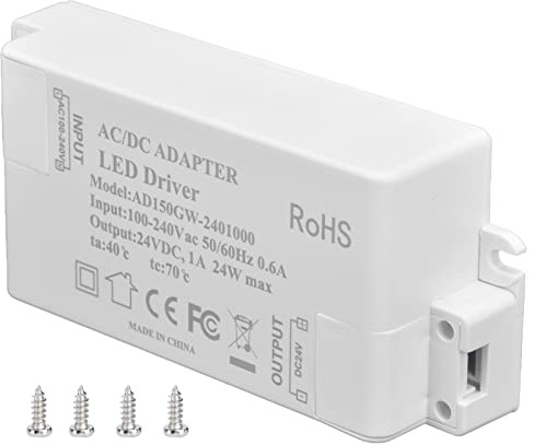 Alimentatore LED 24W 24V 1A, Trasformatore 24VDC, Alimentatore striscia LED, ABS ignifugo, Protezione sovracorrente e cortocircuito, Impermeabile, per lampade soffitto e faretti