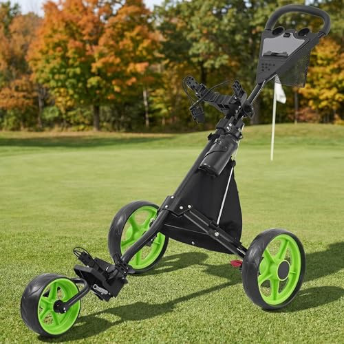 3 Wheel Golf Trolley, Folding Golf Cart with Foot Brake & Insulated Cooler Bag & Mesh Pocket (Hold 4 Balls) & Water Bottle Holder (Including Water Bottle) & Storage Bag & Scoreboard (Golf Trolley)