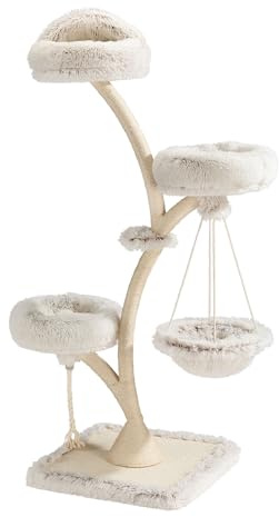 Fudajo Lyxigt katträd med hängkoja klösträd Ø 59 cm och 125 cm höjd, kattmöbel för katter upp till 15 kg klösmöbel med sisal och plysch på 3 nivåer