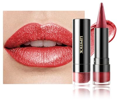 Rouge a Levre Pailleté Métallique, Rouge a Levre Brillant Sans Transfert | Paillette Rouge a Levre Longue Tenue, Lip Stain Waterproof Highly Pigmented, 2 In 1 Crayon a Levre Fard a Paupiere