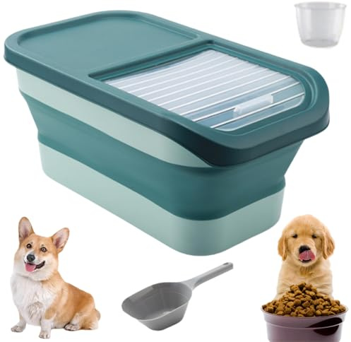 Generisch Hundefutter Aufbewahrung 12-15 kg luftdicht mit Klappdeckel Rädern faltbare Futterbox Hund Katze futtertonne hund Tierfutterbehälter mit Messbecher bis zu 30 lbs BPA-frei (Grün)