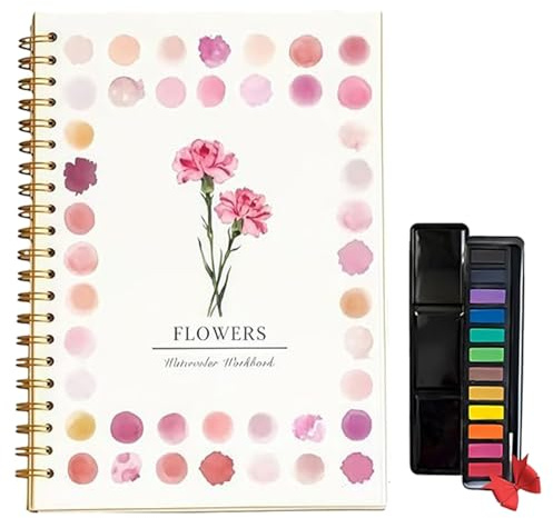 Aquarell-Arbeitsbücher, Wassermalbuch für Anfänger,Aquarellfarben-Set mit 12 Farben und Pinsel, Entspannen und Stressabbau,Ideal für Künstler und Bastler (12 Farben,Blume)