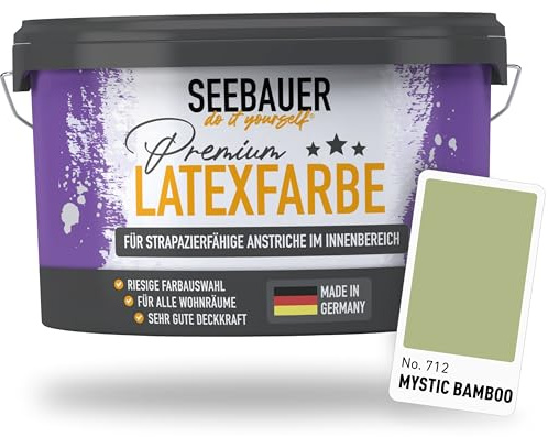 SEEBAUER diy Latexfarbe Hellgrün für Innen 2,5L (No. 712 Mystic Bamboo) - Seidenmatte Innenfarbe für Putz, Beton & Mauerwerk - Abwaschbare Wandfarbe für Küche & Bad