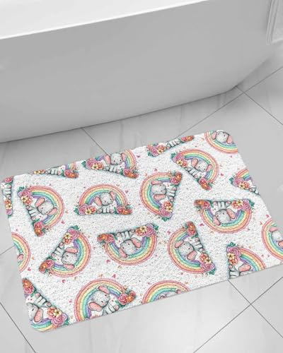 Rainbows Small Elephants Shower Mat Non Slip Bathtub Mat Pink Red Flower Love Animal Bath Mat Soft Loofah Shower Mats for Shower Tub Bathroom Quick Drying Foot Mat, 24x32 Inch