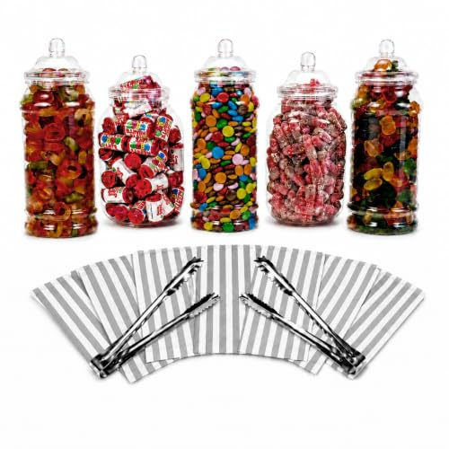 5 x 1L Jars, 2 Tongs, 50 Candy Stripe Bags - Vintage Victorian Pick & Mix Sweet Shop Candy Buffet Kit Party Pack (Silver/Grey)
