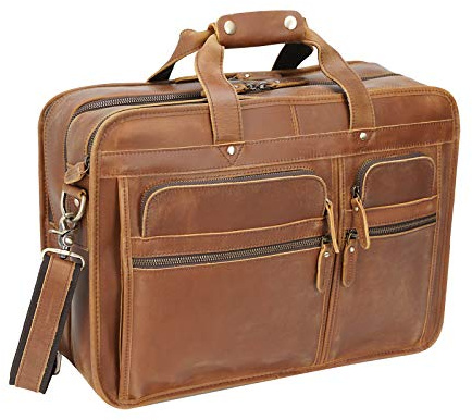 Men's Full Grain Leather Briefcase 17 Inch Travel Business Laptop Messenger Bag Tote with YKK Metal Zippers