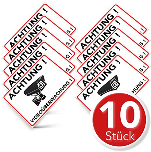 Achtung Videoüberwachung Aufkleber – Schild – Folie – Sticker (Kameraüberwachung – Überwachungskamera – Alarmanlage – Alarmgesichert – Warnschild) Weiss – 10 STK. (14,80 cm x 10,50cm)