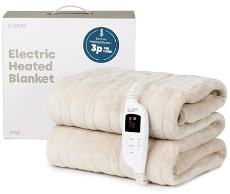 LIVIVO Electric Heated Blanket, 160x130cm – Ultra Soft Fleece Electric Over Blanket Throw with 9 Heat Settings, Timer, Auto Shut-Off – Energy Efficient & Machine Washable - Beige