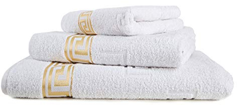 Arle-Living 3 TLG. Luxus Medusa Saunatuch XL, Badetuch und Handtuch Set - feinste Ringgarn Baumwolle/Jacquard Webung/Hochflor Frottier (weiß/White/Blanc)