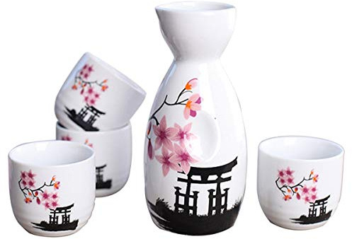 Lawei Japanische Sake Set 5-Teilig aus Keramik Handbemalt Keramiktassen für Basteln, Rosablüte