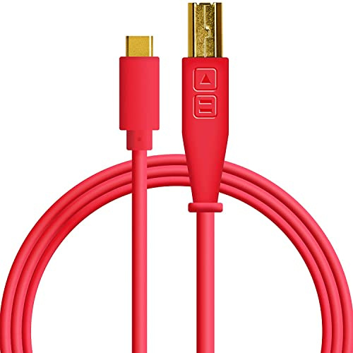 DJ TechTools Chroma Cable USB-C, Audio-optimiertes USB-C zu USB-B Kabel (geflochtene Abschirmung mit zwei Ferritkerndrosseln, Länge: 1.5m mit Klettverschluss), rot, 05-30127