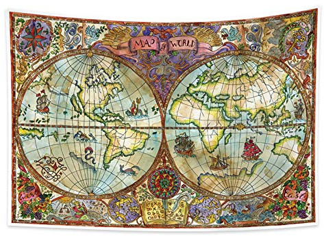 YONGFOTO 150x100cm die Karte Wandteppich, Weltkarte Wandteppiche Bunte Malerei Europäische Retro Seekarte Alte Historische Atlas Wandteppich für Wohnzimmer Wohnheim Dekor Teppich