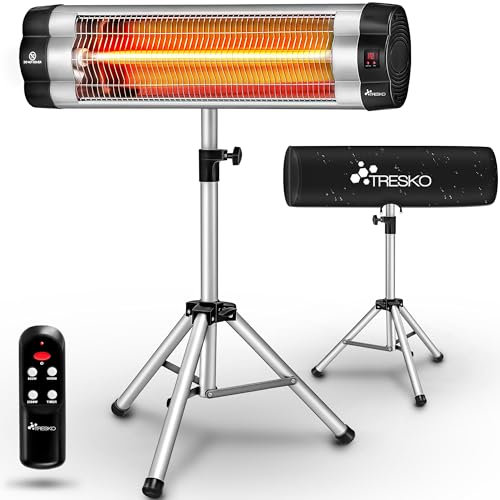 TRESKO Calefactor por Infrarrojos para Terraza | 2500W + Control Remoto | Estufa Radiante con 3 Temperaturas | Radiador Eléctrico para Exterior e Interior | Calentador con Altura Regulable (Gris)