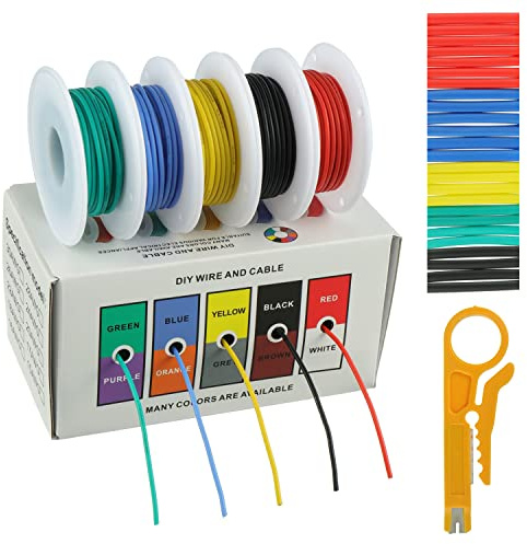 BOJACK 22 AWG Flexible Silicone Wire Electric Wire Hook up Wire Kit 300V Cables with Plus 20 φ3mm Heat Shrink Tubings and a Mini Wire Stripper(5 Colors 19.69Ft Each Color, 22AWG)